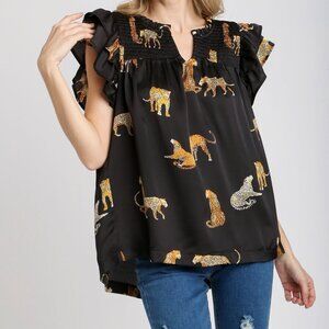 Umgee Safari Animal Print Ruffle Sleeve Blouse Black